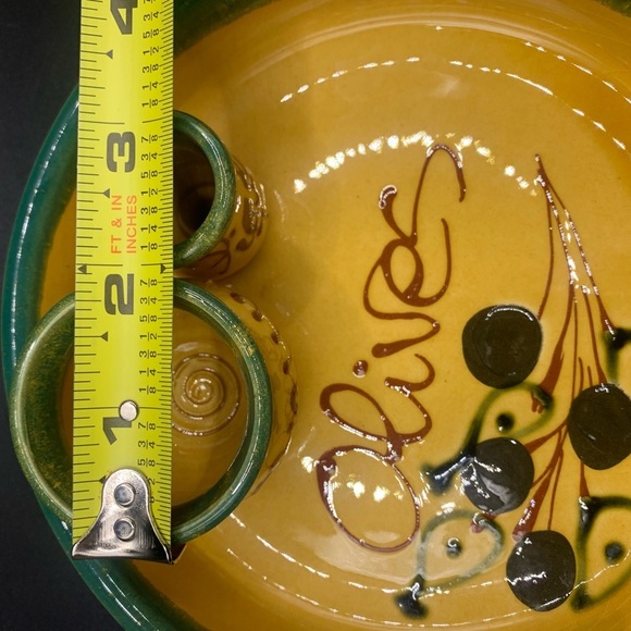 French Olive Dish W/Toothpick & Pit Bowls Gold & Green 7” Diameter - Picture 12 of 16